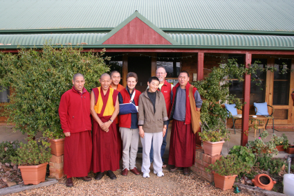 Monks outside the motel.